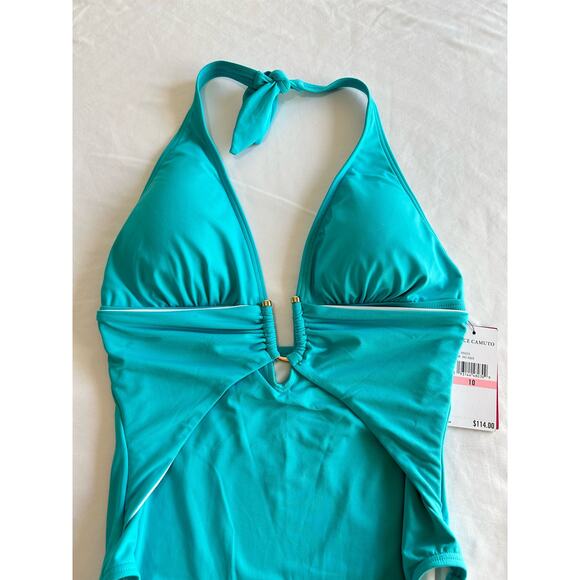 NWT Vince Camuto Swimsuit Halter Plunge Deep V One Piece Aqua Green Size 10 - Picture 6 of 11